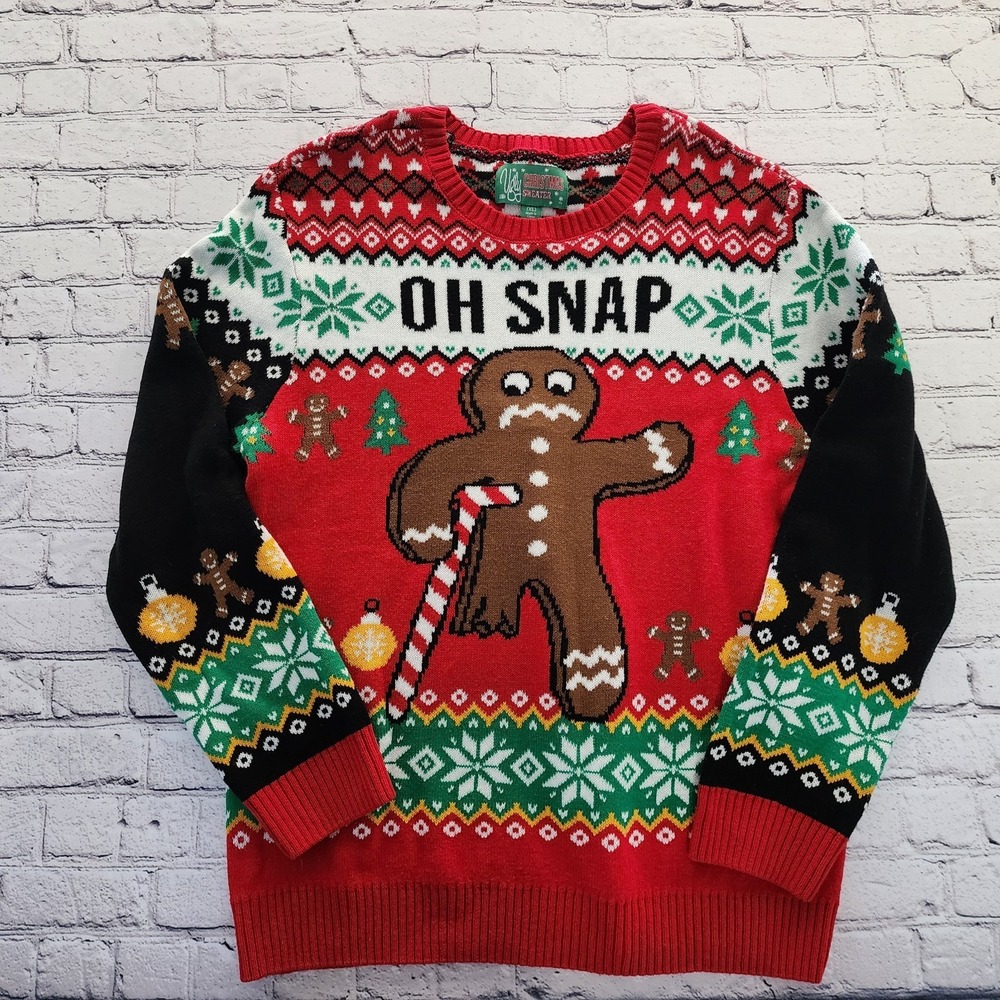 Ugly Christmas Sweater Womens XL Gingerbread Man Broken Leg Oh Snap